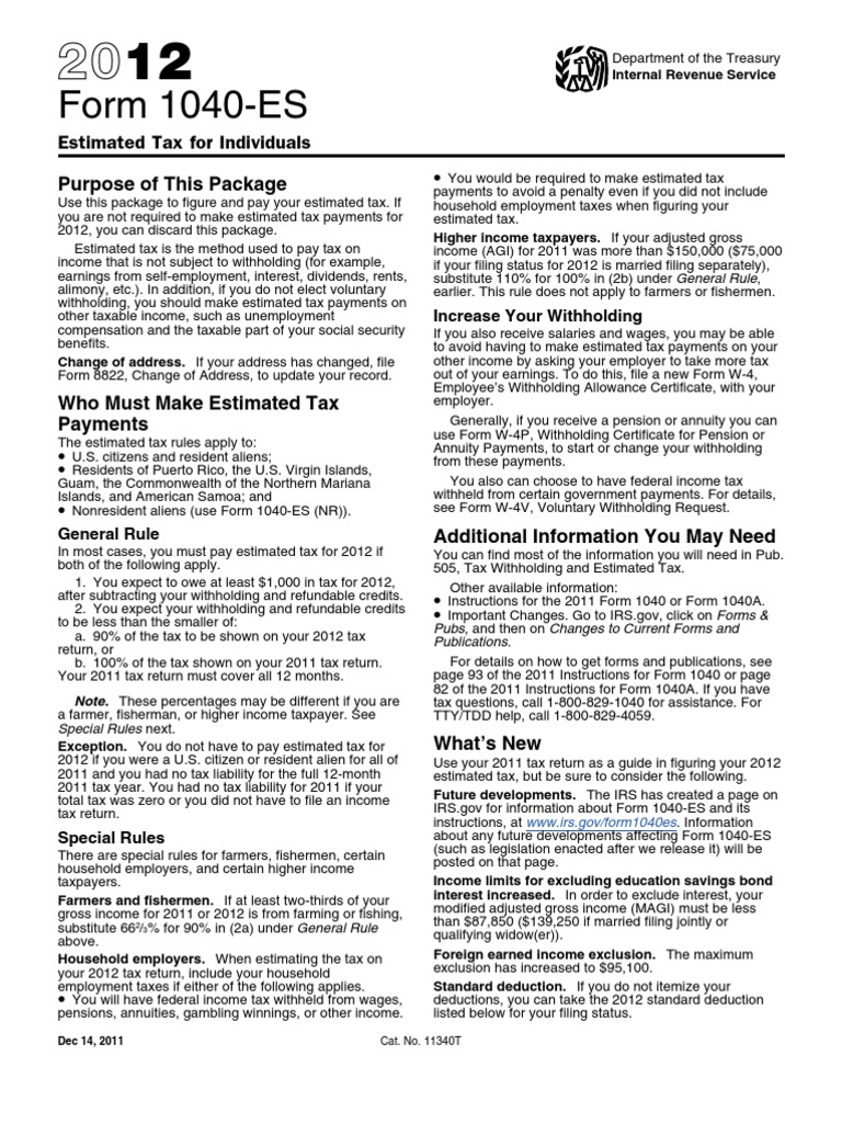 1040 ES Form Withholding Tax Tax