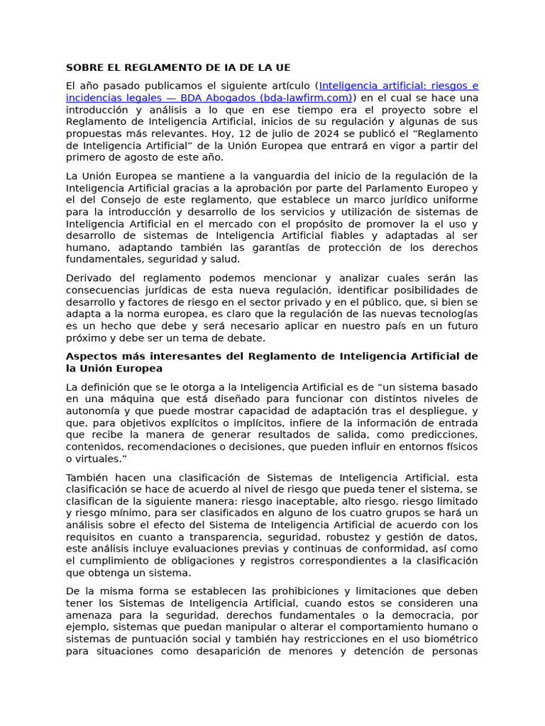Reglamento de IA de la UE: Claves y Consecuencias | PDF | Inteligencia ...