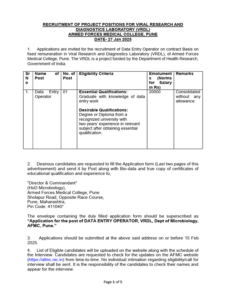 Notification For Afmc Data Entry Operator Post 679b2e045ad8316082583 ...