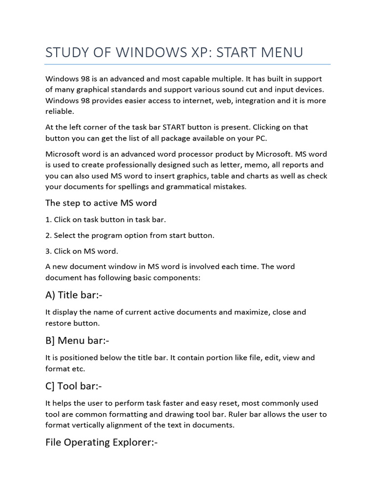 Windows XP Start Menu and MS Word Guide | PDF