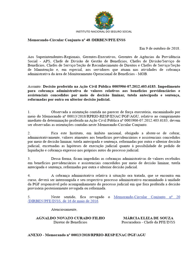 Impedimento de Cobrança Administrativa INSS | PDF | Sentença (jurídico)