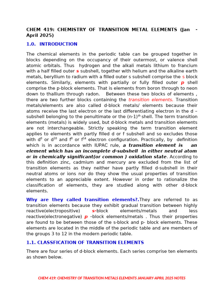 Chem 419 Chemistry of Transition Metal Elements (Jan - April 2025 ...