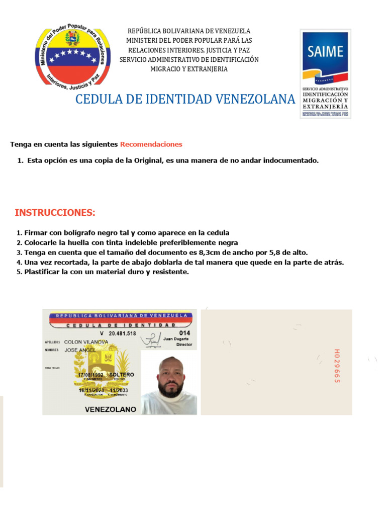 Instrucciones para Cédula de Identidad Venezolana | PDF