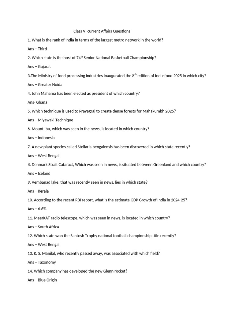Current Affairs for Class 6 - 2025 | PDF