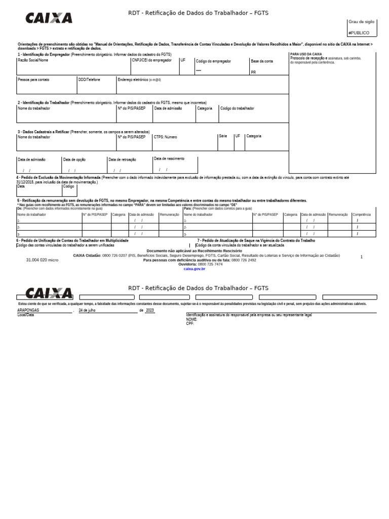 Retificação de Dados do Trabalhador FGTS | PDF