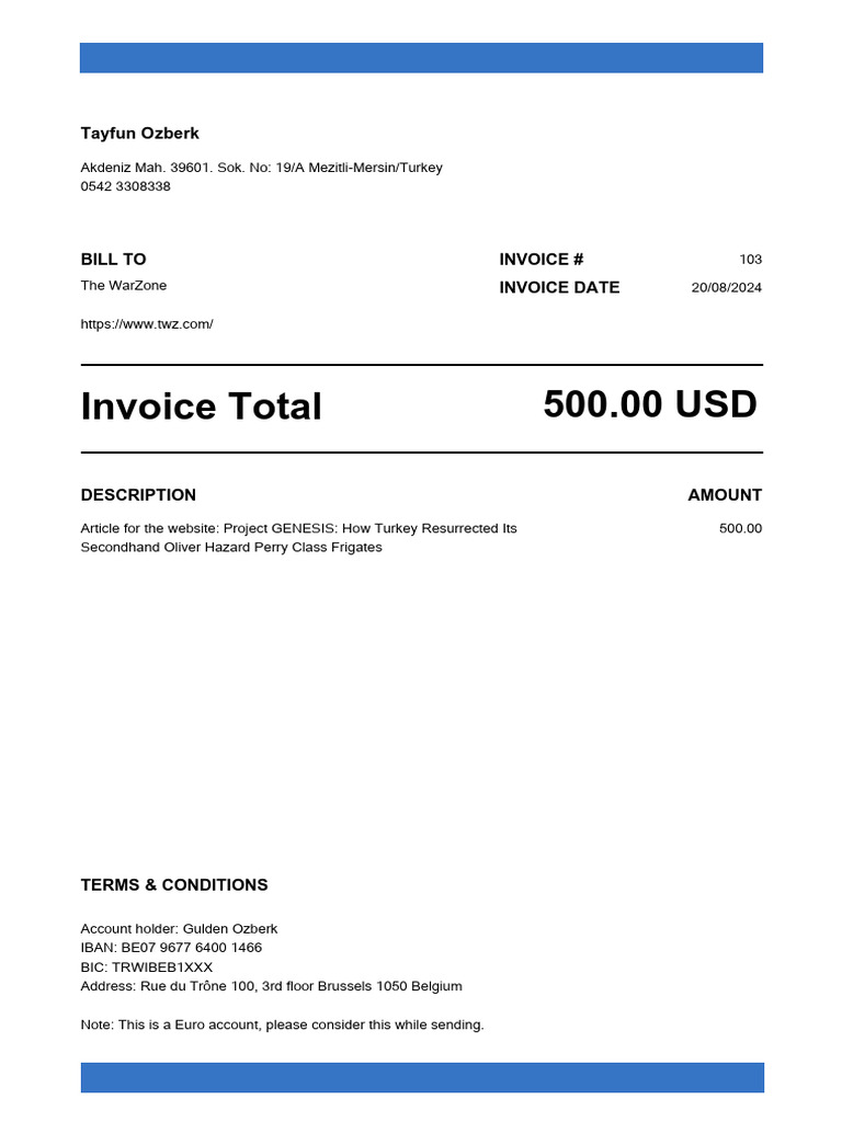 Invoice for Article on Turkish Frigates | PDF