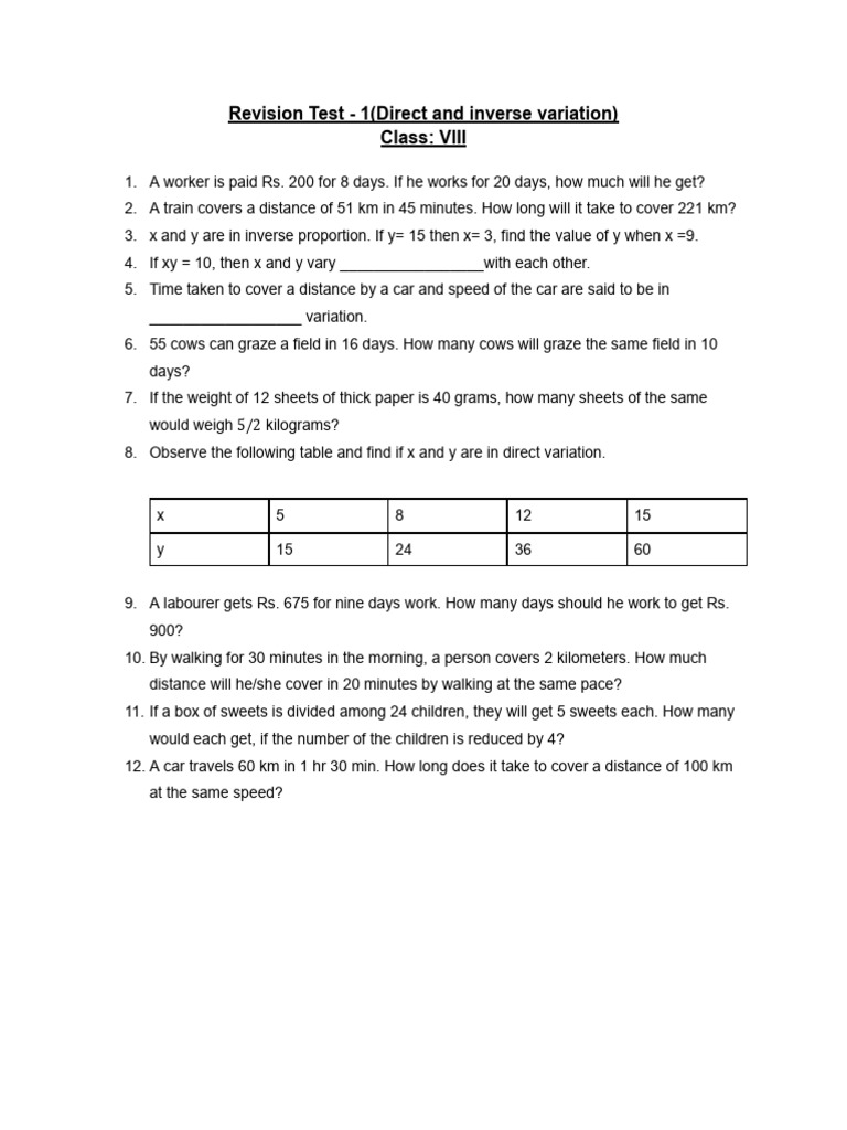 Direct and Inverse Variation Problems | PDF
