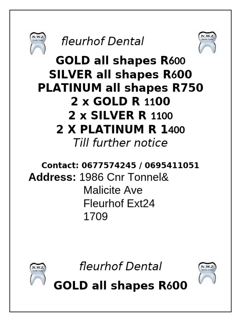 Fleurhof Dental Pricing and Contact Info | PDF