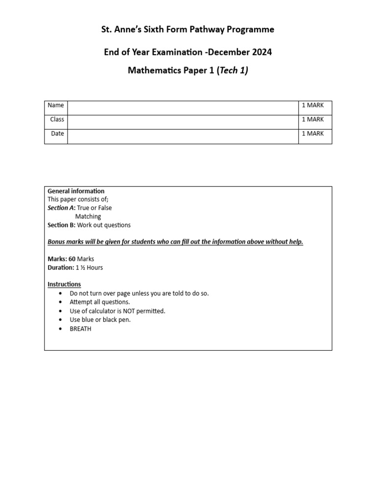 St. Anne's Math Exam Paper 2024 | PDF | Multiplication | Arithmetic