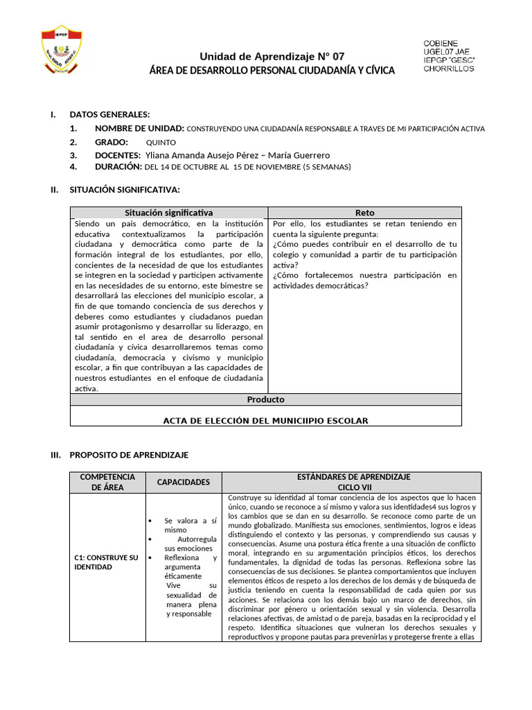 Unidad 7 DPC - 5 2024 Ausejo Guerrero | PDF | Aprendizaje | Las emociones
