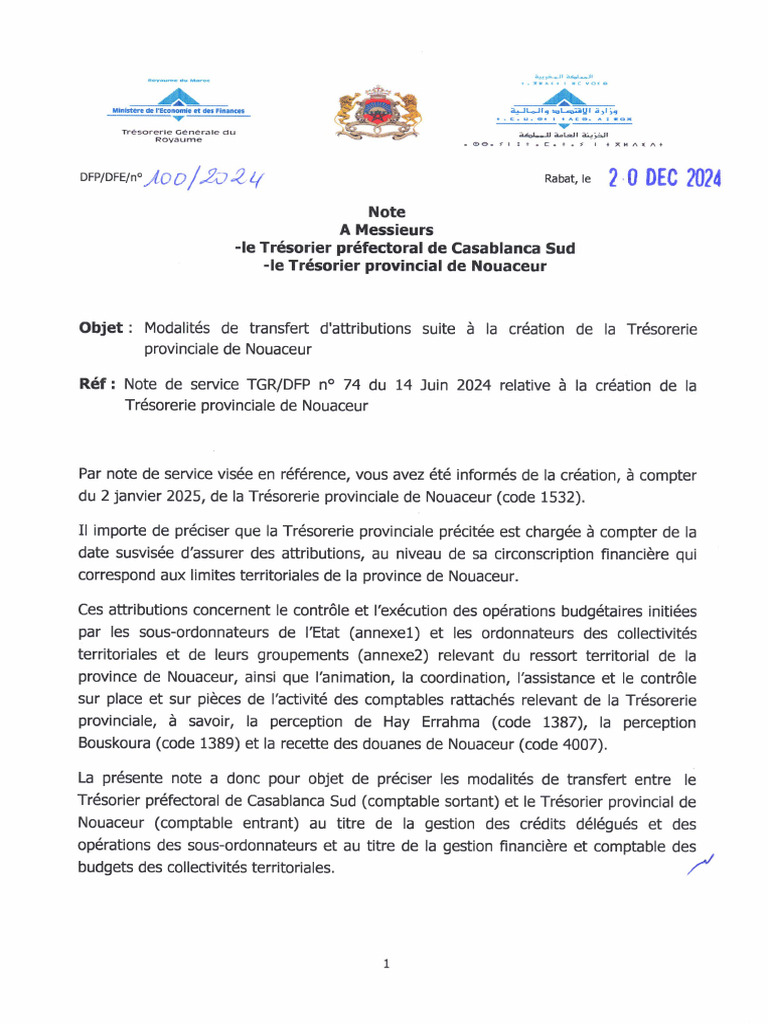 Note 100.2024 Du 20 Décembre 2024 Relative Aux Modalités de Transfert ...