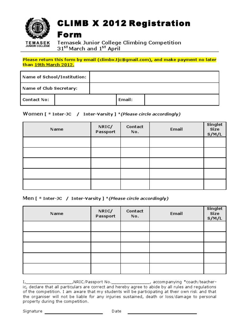 Climb X 2012 Registration Form | PDF