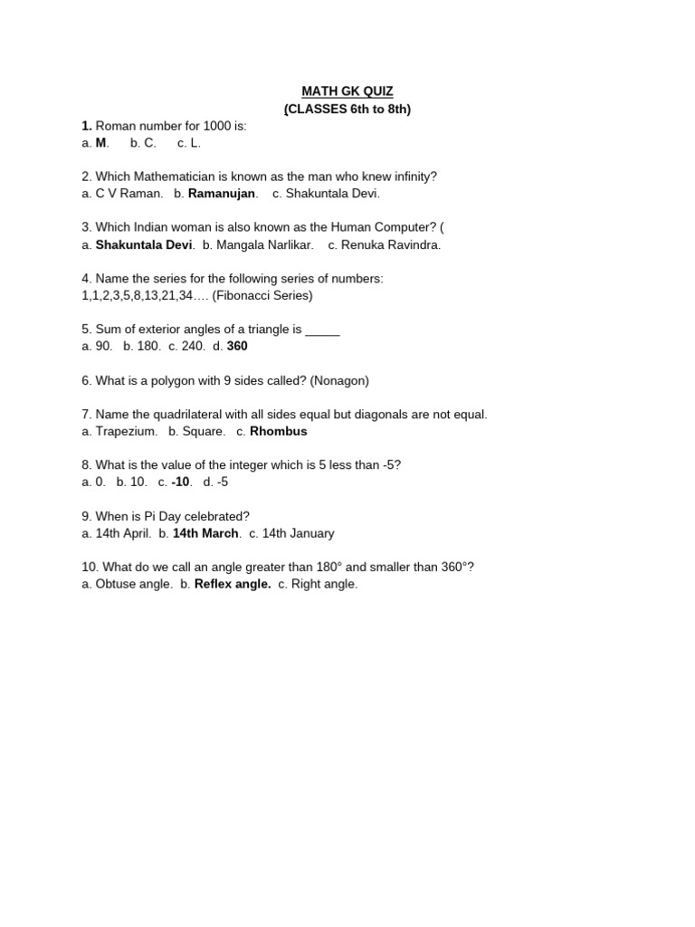 Math Quiz for Middle Schoolers | PDF