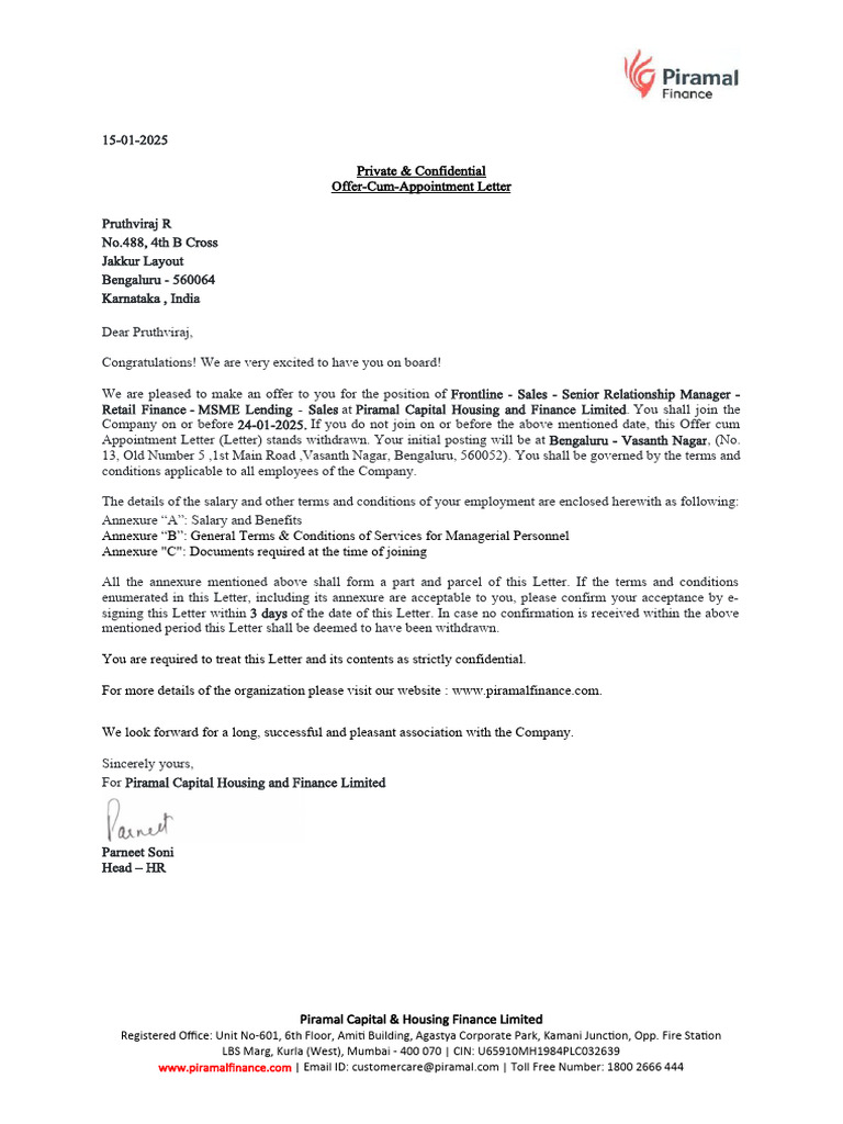 Piramal Job Offer for Pruthviraj R | PDF | Indemnity | Employment