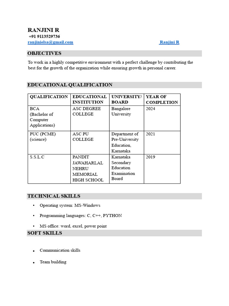 Ranjini R - BCA Graduate Resume | PDF