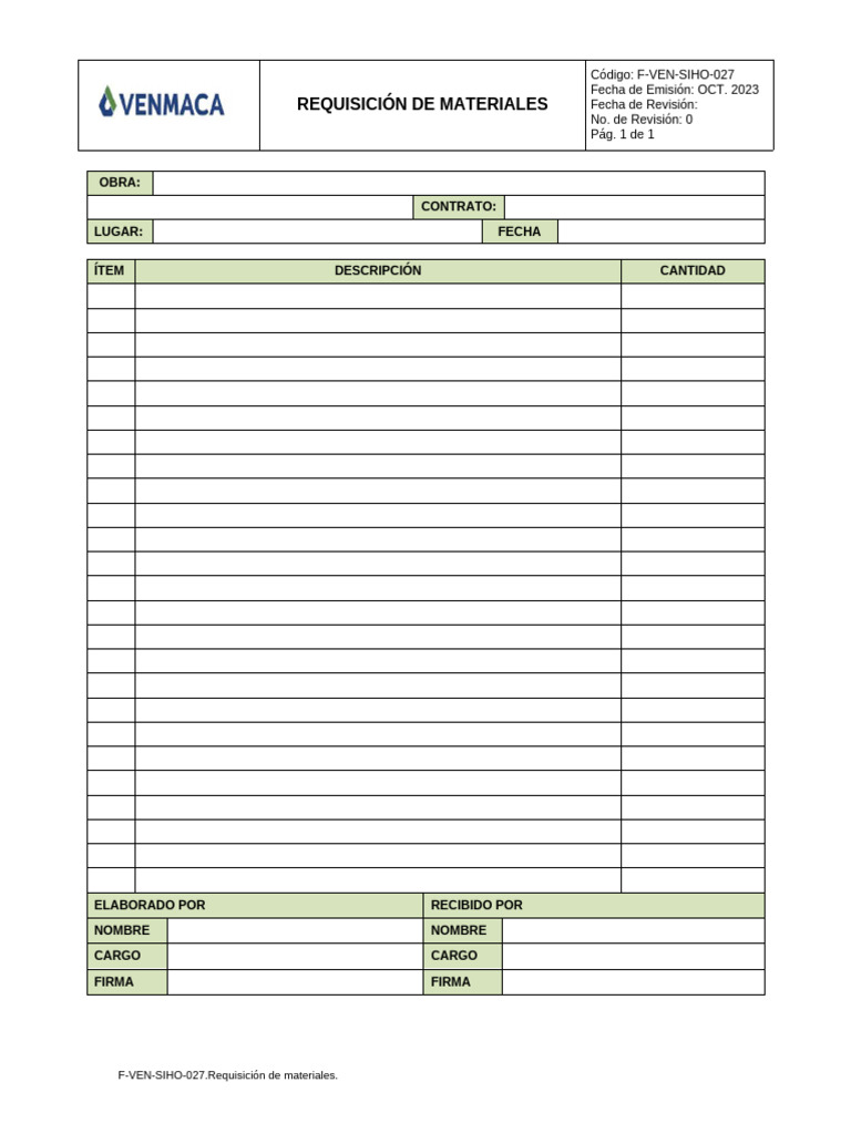 Requisición de Materiales F-VEN-SIHO-027 | PDF