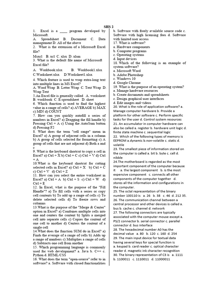 Ict exams shs2 pdf microsoft excel software