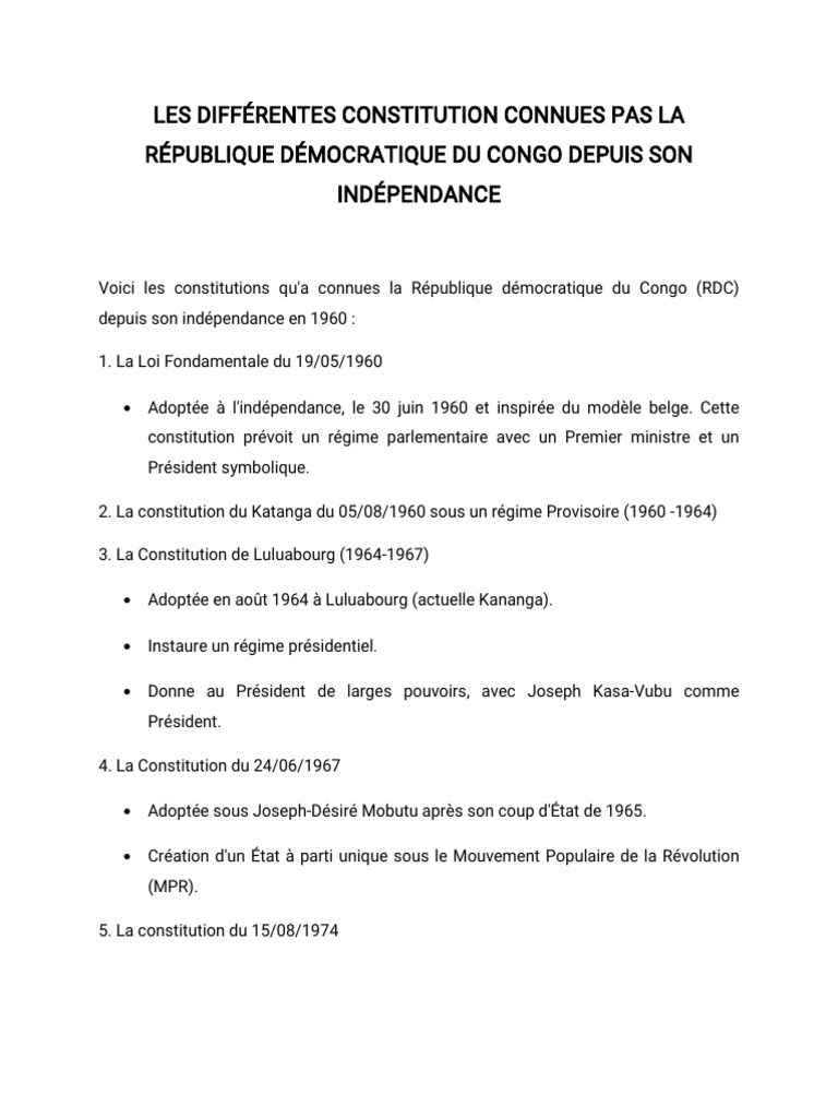 Évolution des constitutions de la RDC | PDF