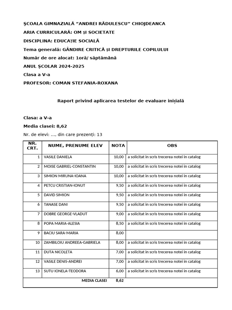 Raport Test Initial Cls V Chiojdeanca | PDF