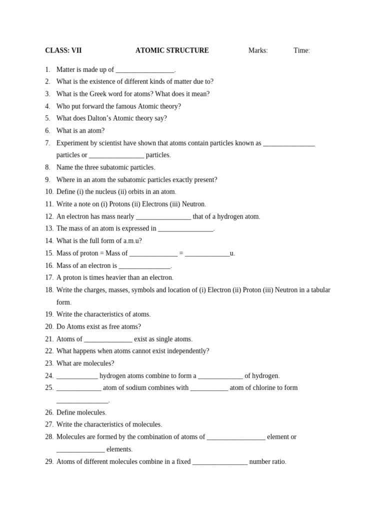 Atomic Structure Study Guide for Class VII | PDF | Atoms | Valence ...
