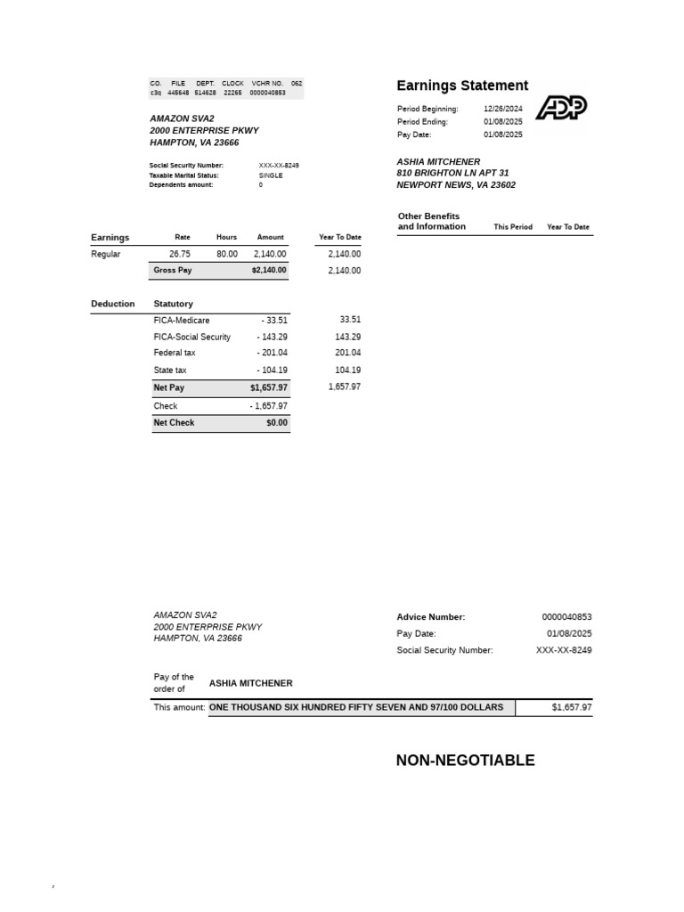 Amazon Pay Stub Summary for Ashia Mitchener | PDF | Social Security ...
