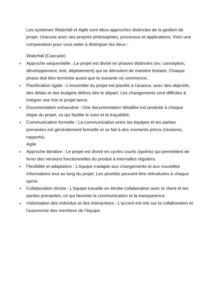 Comparaison des méthodes Waterfall et Agile | PDF | Gestion de projet ...