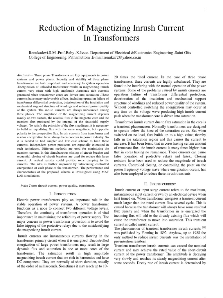 Reduction of Magnetizing Inrush Current | PDF | Transformer | Electric ...