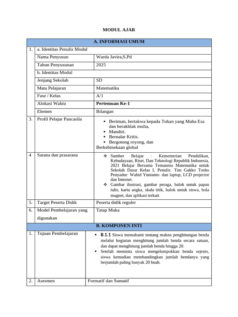 MODUL AJAR MTK Kelas 1 | PDF