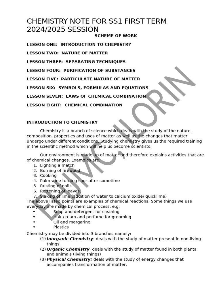 SS1 Chemistry First Term Notes | PDF | Distillation | Mixture