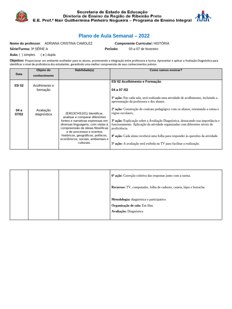 Plano de Aula: Acolhimento e Avaliação | PDF | Pedagogia | Aprendizado