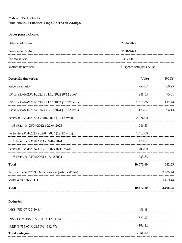 Cálculo Rescisão Contratual FRANCISCO TIAGO BARROS DE ARAUJO | PDF ...