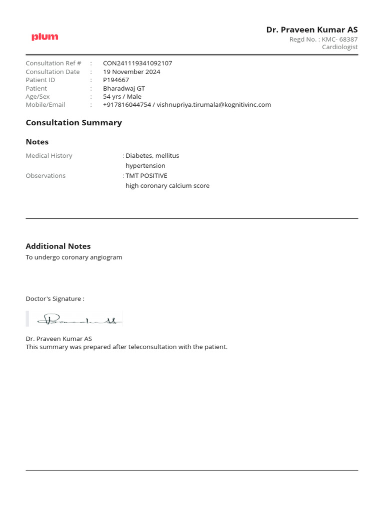 Cardiologist Consultation Summary 2024 | PDF