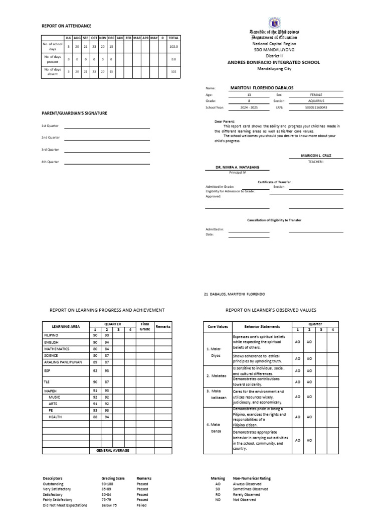 JHS - PDF - SF9 - Card - 21 - MARITONI FLORENDO DABALOS - Grade8 ...