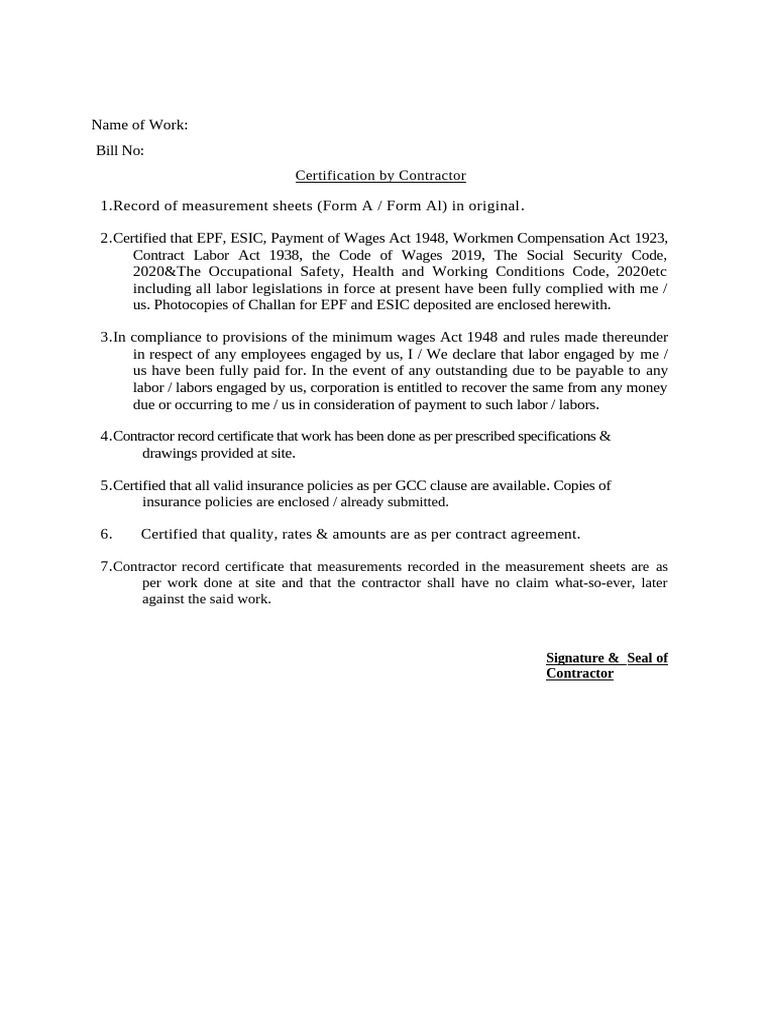 Contractor Compliance Certification Document | PDF | Employment | Wage