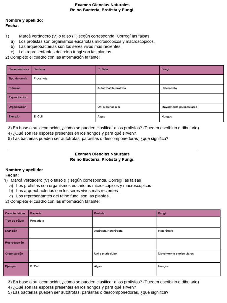 Examen sobre Reino Protista y Bacterias | PDF