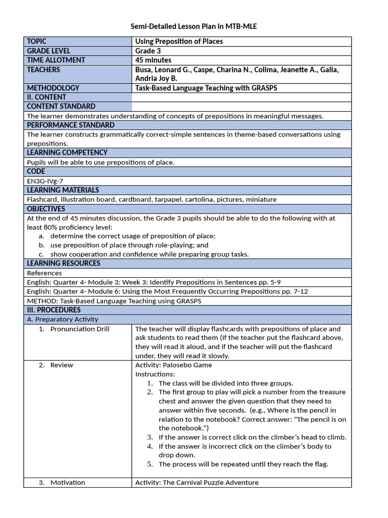 Prepositions of Place Lesson Plan | PDF | Language Education | Learning