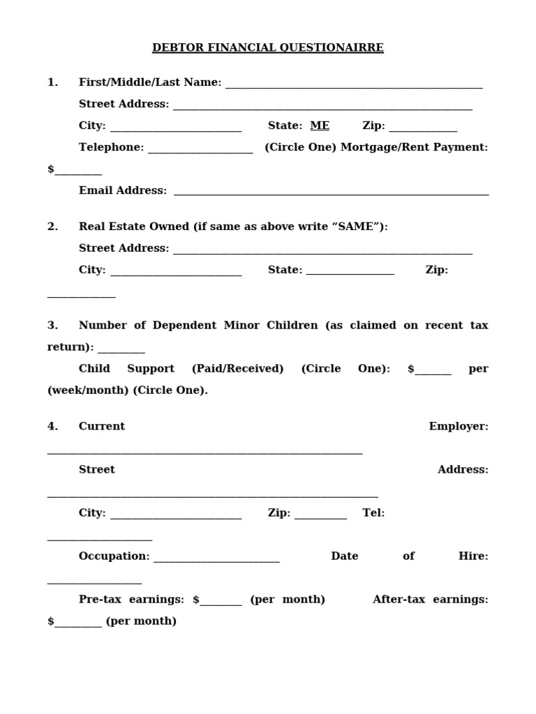 Debtor Financial Questionnaire Form | PDF | Expense | Mortgages