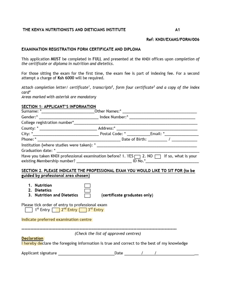 KNDI Examination Registration Form | PDF | Dietitian