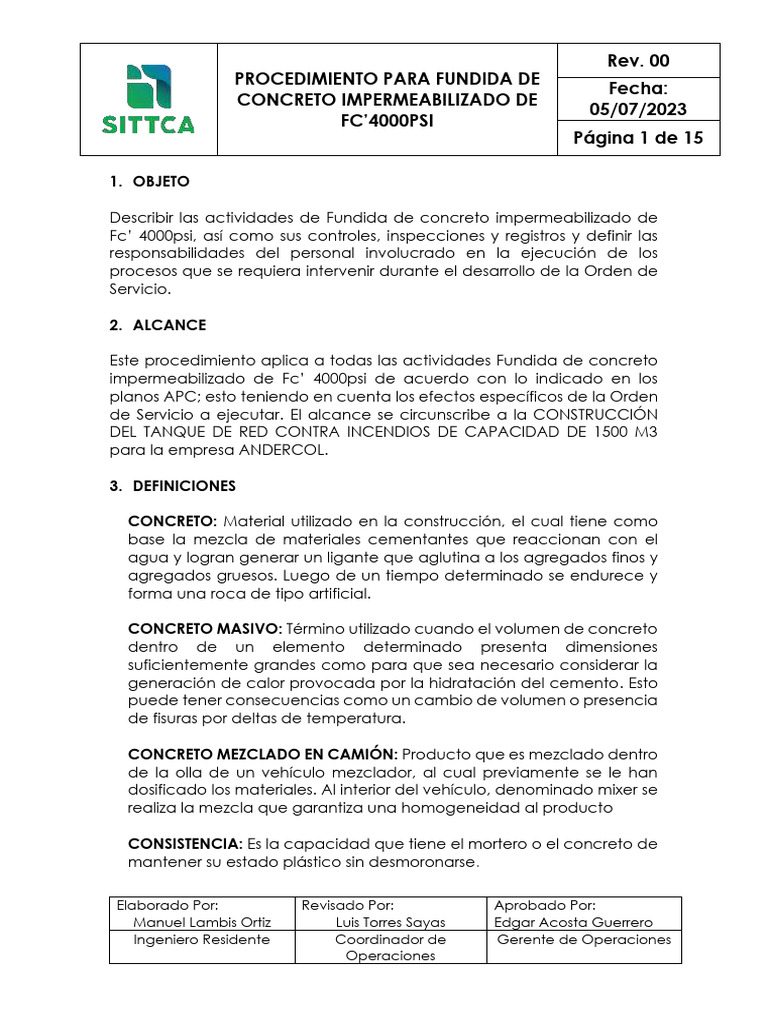 Procedimiento de Fundida de Concreto FC’4000PSI | PDF | Hormigón | Acero