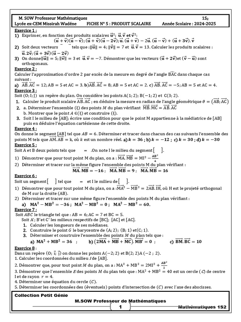 Exercices sur le produit scalaire | PDF | Cercle | Triangle