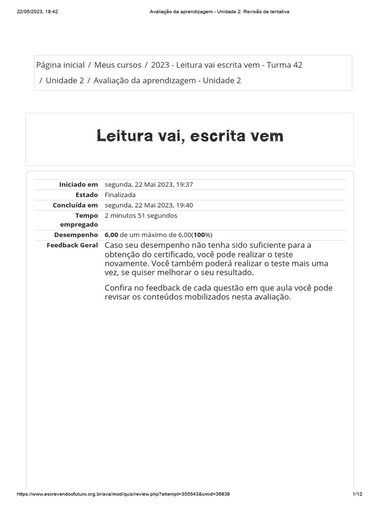 Avaliação da Aprendizagem: Unidade 2 | PDF | Aprendizado | Discurso