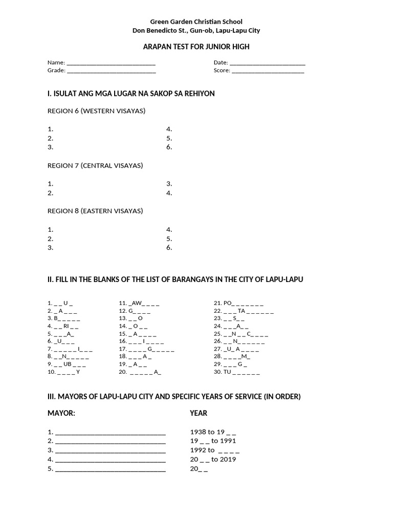 Arapan Test For Junior High | PDF