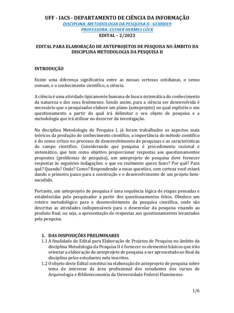 Edital de Anteprojetos de Pesquisa UFF | PDF | Science | Método científico