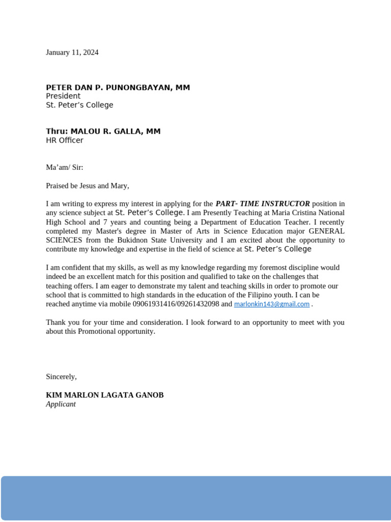 Application for Part-Time Science Instructor | PDF