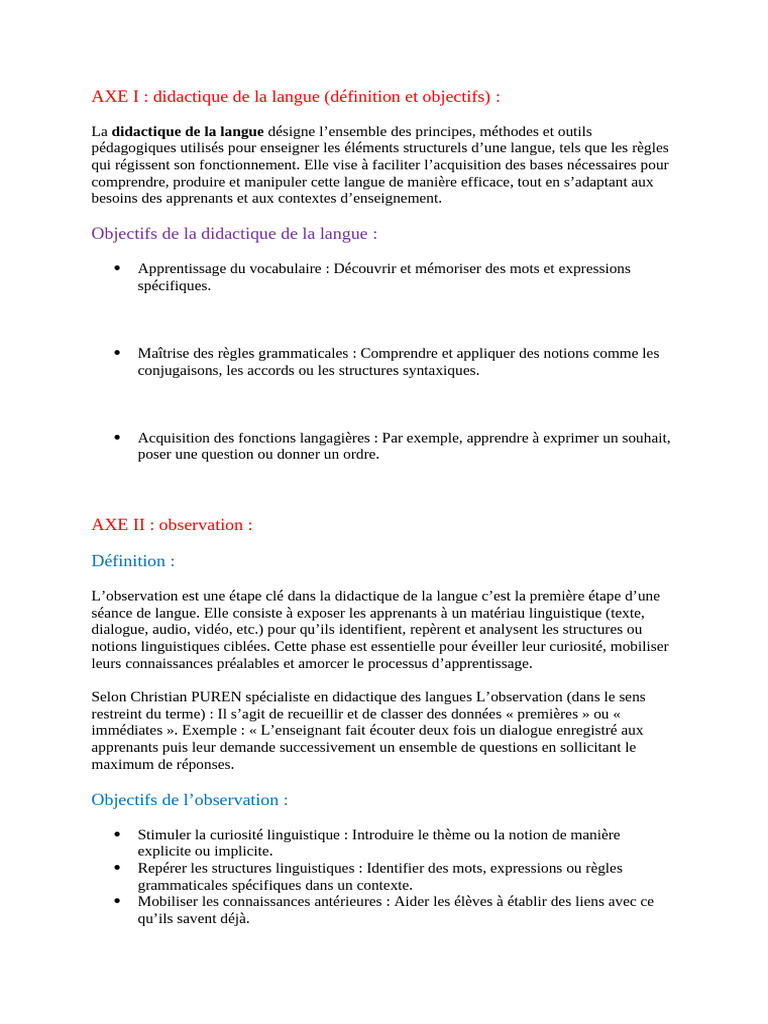 Didactique de la langue : Observation et objectifs | PDF ...