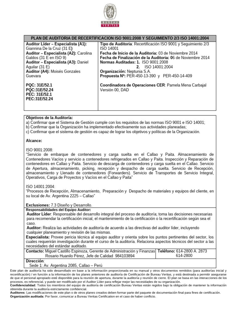 Plan de Auditoría ISO 9001 y 14001 | PDF | Auditoría | Contralor
