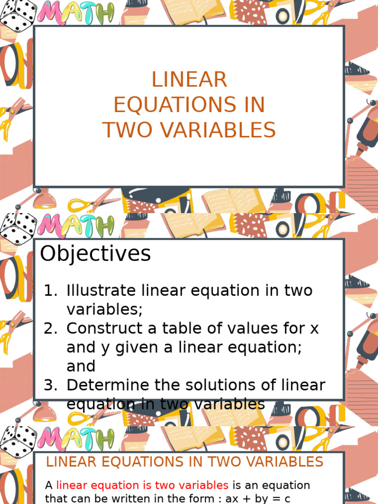 Q2 Week 1 Linear Equationin Two Variables | PDF | Equations | Applied ...