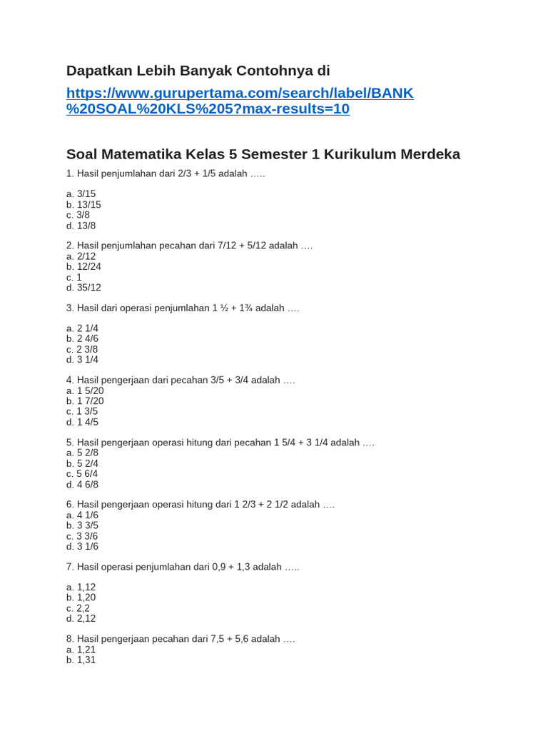 Soal Matematika Kelas 5 Kurikulum Merdeka | PDF