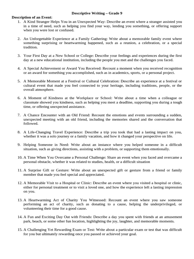 Grade 9 Descriptive Writing Prompts | PDF | Mentorship | Teachers