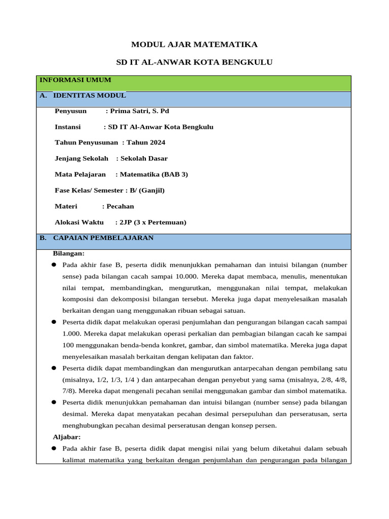 Modul Ajar Matematika (BAB 3) Kelas 3 | PDF